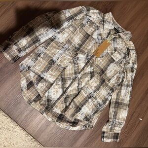 Men's Plaid Shirt - Brown and White Distressed look